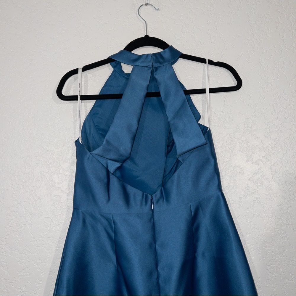 NWT Alfred Sung Dusk Blue High Neck Cut Out Satin Dress Size 6 - Picture 6 of 8
